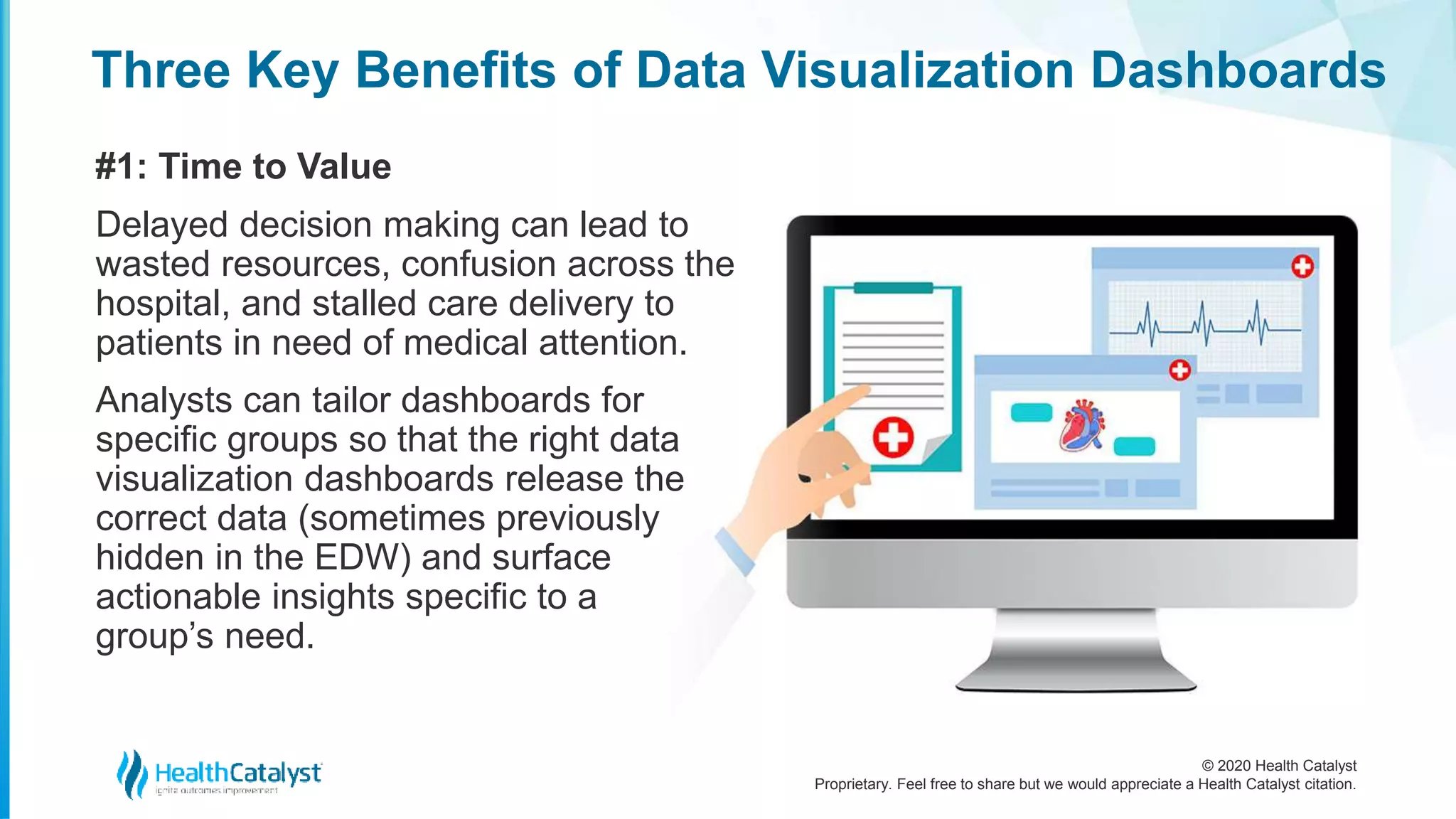 © 2020 Health Catalyst
Proprietary. Feel free to share but we would appreciate a Health Catalyst citation.
Three Key Benefits of Data Visualization Dashboards
#1: Time to Value
Delayed decision making can lead to
wasted resources, confusion across the
hospital, and stalled care delivery to
patients in need of medical attention.
Analysts can tailor dashboards for
specific groups so that the right data
visualization dashboards release the
correct data (sometimes previously
hidden in the EDW) and surface
actionable insights specific to a
group’s need.
 