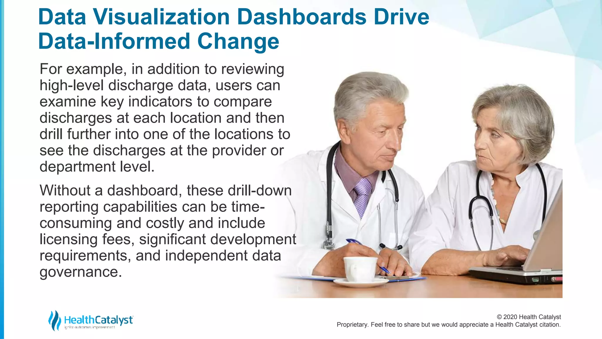 © 2020 Health Catalyst
Proprietary. Feel free to share but we would appreciate a Health Catalyst citation.
Data Visualization Dashboards Drive
Data-Informed Change
For example, in addition to reviewing
high-level discharge data, users can
examine key indicators to compare
discharges at each location and then
drill further into one of the locations to
see the discharges at the provider or
department level.
Without a dashboard, these drill-down
reporting capabilities can be time-
consuming and costly and include
licensing fees, significant development
requirements, and independent data
governance.
 