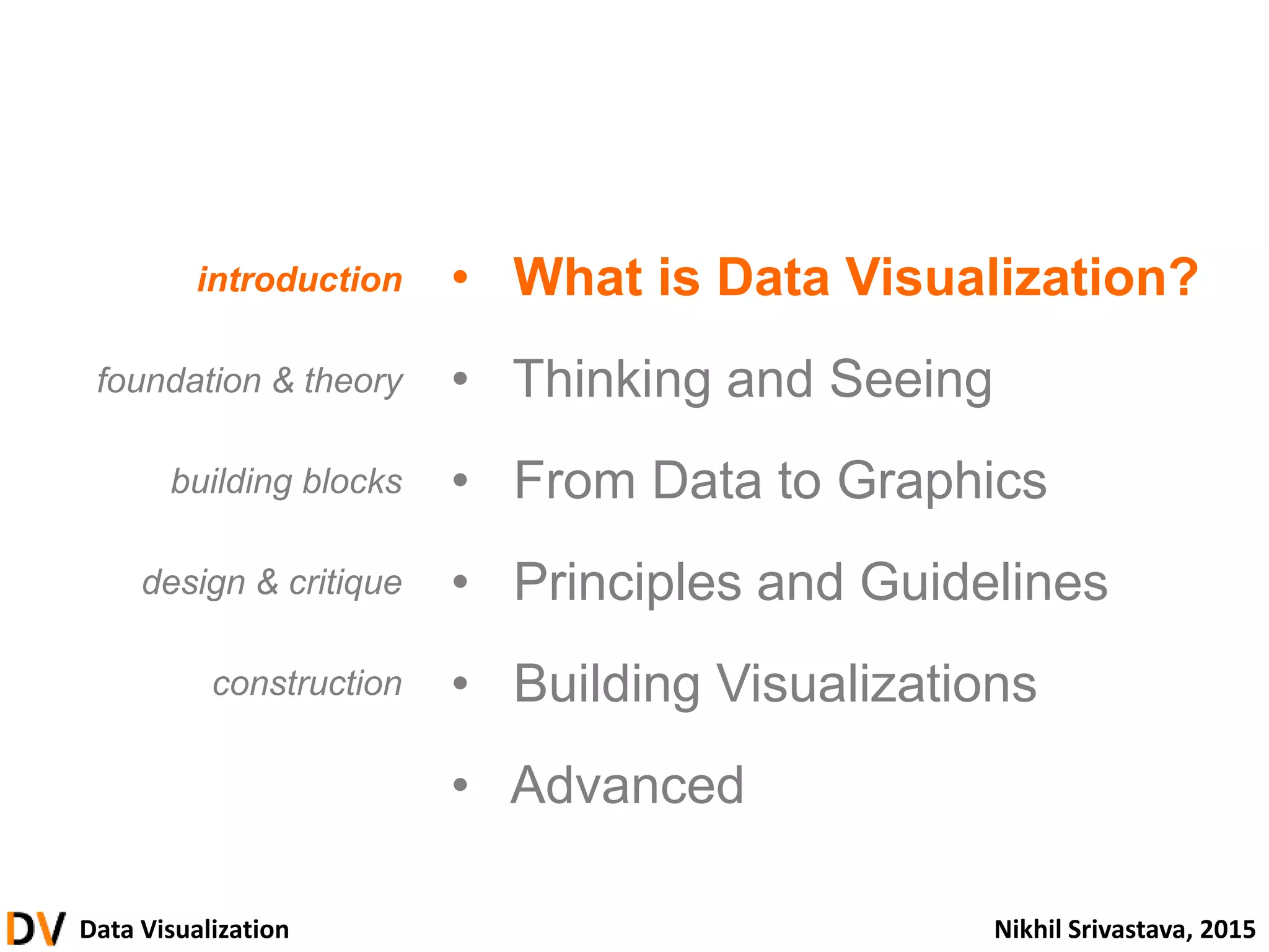 Data Visualization Nikhil Srivastava, 2015
• What is Data Visualization?
• Thinking and Seeing
• From Data to Graphics
• Principles and Guidelines
• Building Visualizations
• Advanced
introduction
foundation & theory
building blocks
design & critique
construction
 