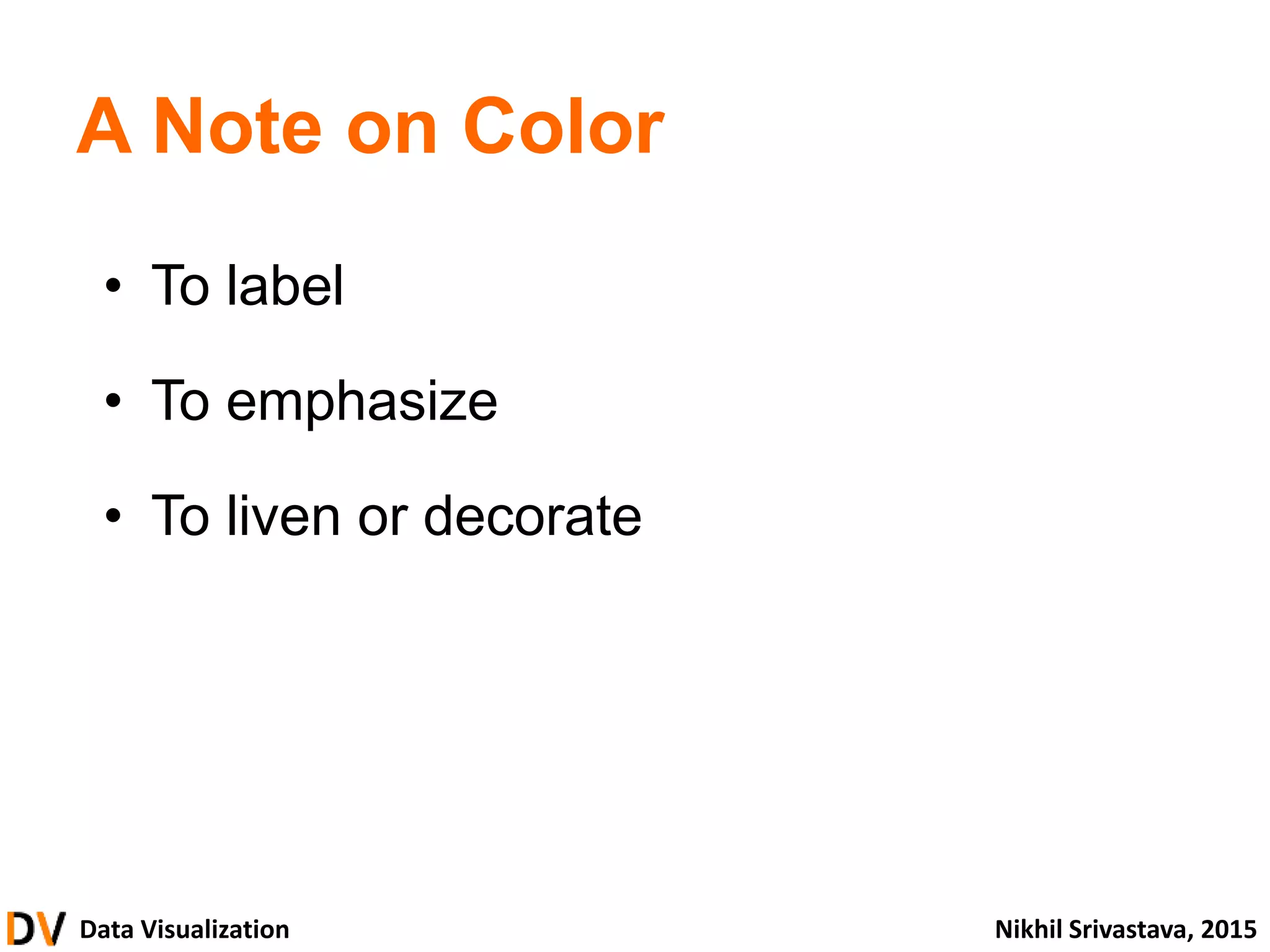 Data Visualization Nikhil Srivastava, 2015
A Note on Color
• To label
• To emphasize
• To liven or decorate
 