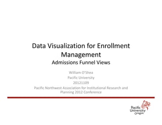 Data Visualization for Enrollment 
Management
Admissions Funnel Views
William O’Shea
Pacific University
20121109
Pacific Northwest Association for Institutional Research and 
Planning 2012 Conference 
 