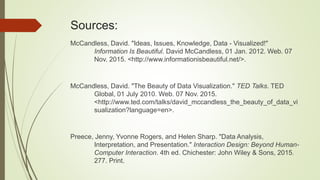 Sources:
McCandless, David. "Ideas, Issues, Knowledge, Data - Visualized!"
Information Is Beautiful. David McCandless, 01 Jan. 2012. Web. 07
Nov. 2015. <http://www.informationisbeautiful.net/>.
McCandless, David. "The Beauty of Data Visualization." TED Talks. TED
Global, 01 July 2010. Web. 07 Nov. 2015.
<http://www.ted.com/talks/david_mccandless_the_beauty_of_data_vi
sualization?language=en>.
Preece, Jenny, Yvonne Rogers, and Helen Sharp. "Data Analysis,
Interpretation, and Presentation." Interaction Design: Beyond Human-
Computer Interaction. 4th ed. Chichester: John Wiley & Sons, 2015.
277. Print.
 