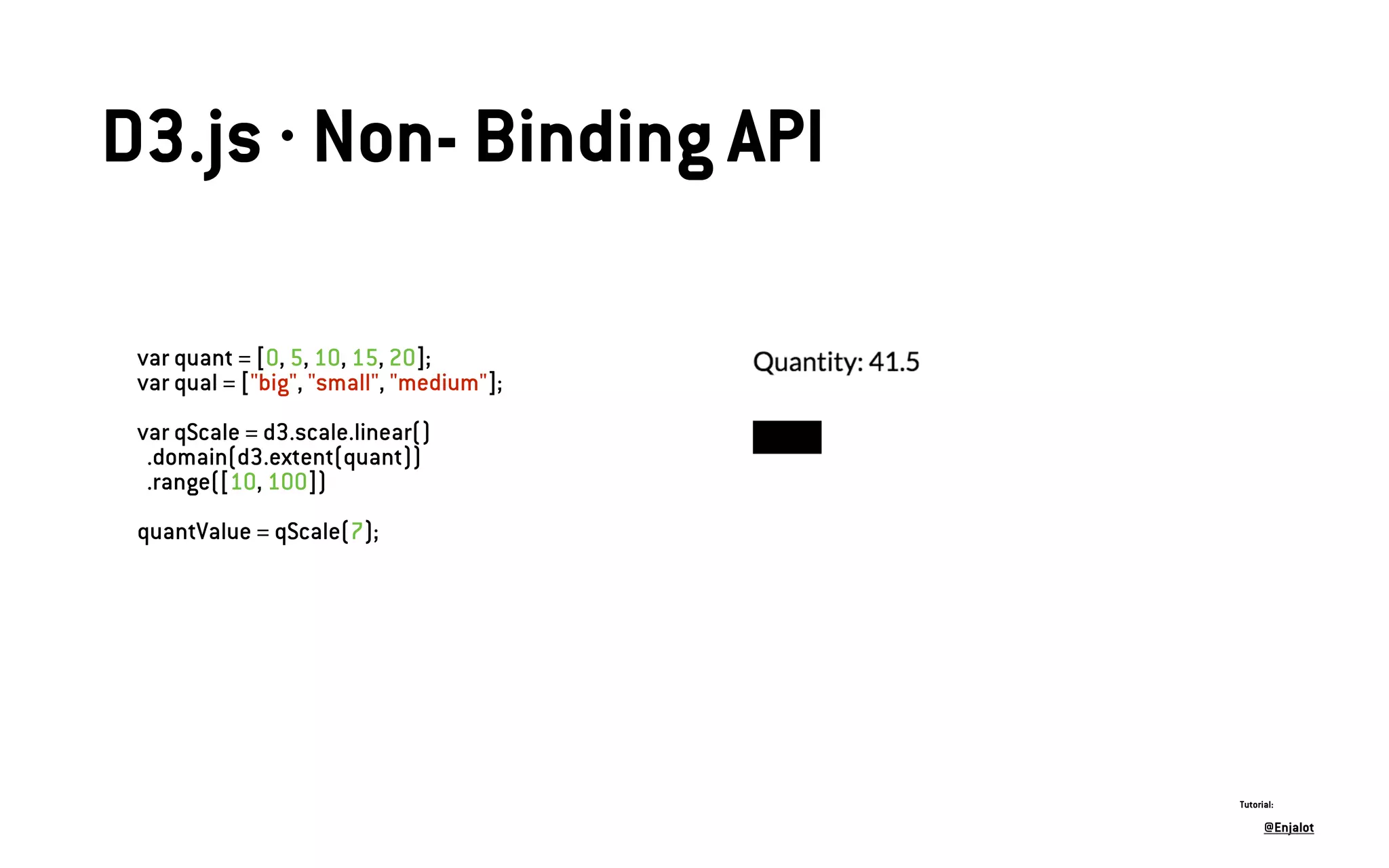 D3.js · Non- Binding API
var quant = [0, 5, 10, 15, 20];
var qual = ["big", "small", "medium"];
var qScale = d3.scale.linear()
.domain(d3.extent(quant))
.range([10, 100])
quantValue = qScale(7);
@Enjalot
Tutorial:
 