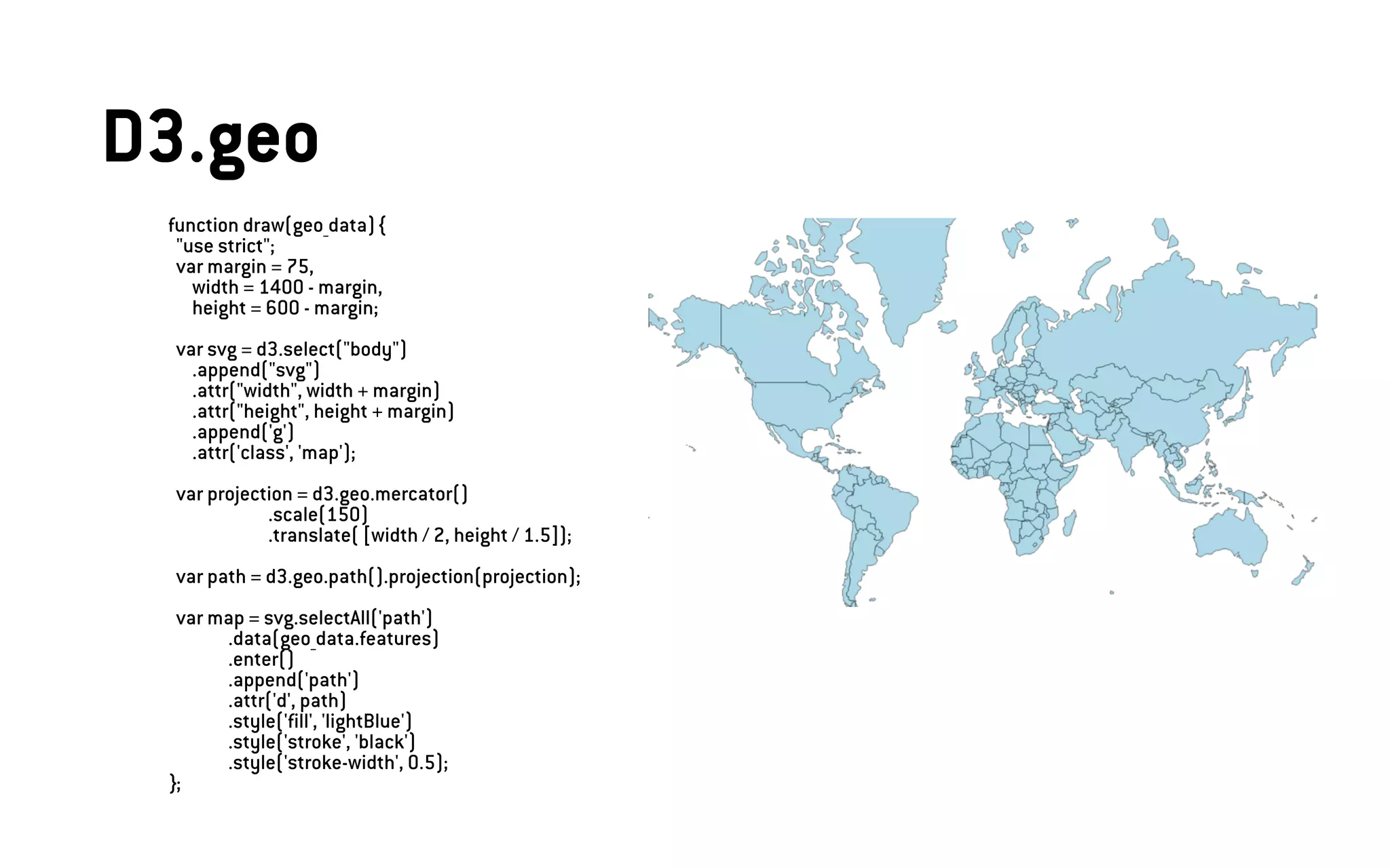 D3.geo
function draw(geo_data) {
"use strict";
var margin = 75,
width = 1400 - margin,
height = 600 - margin;
var svg = d3.select("body")
.append("svg")
.attr("width", width + margin)
.attr("height", height + margin)
.append('g')
.attr('class', 'map');
var projection = d3.geo.mercator()
.scale(150)
.translate( [width / 2, height / 1.5]);
var path = d3.geo.path().projection(projection);
var map = svg.selectAll('path')
.data(geo_data.features)
.enter()
.append('path')
.attr('d', path)
.style('fill', 'lightBlue')
.style('stroke', 'black')
.style('stroke-width', 0.5);
};
 