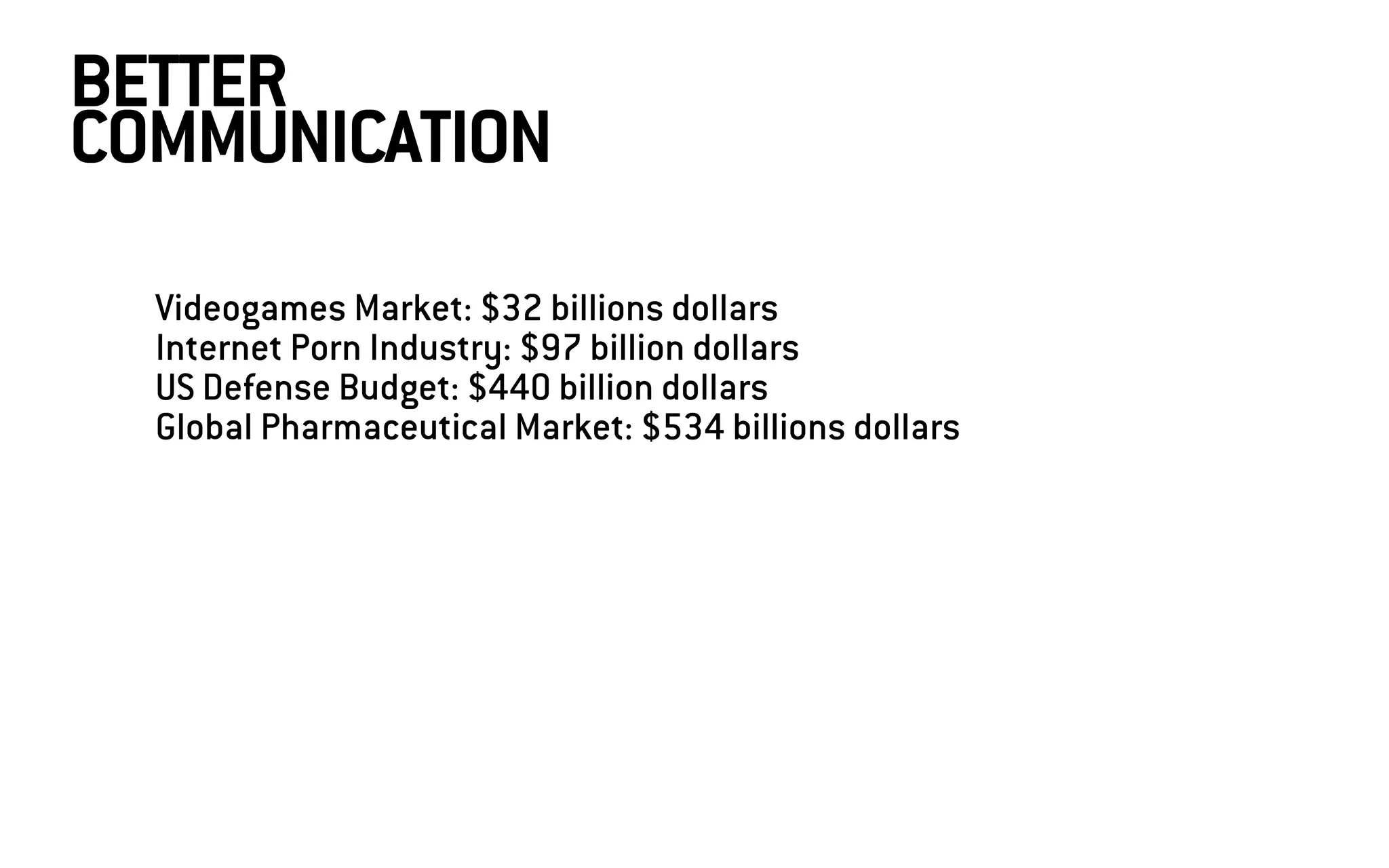 BETTER
COMMUNICATION
Videogames Market: $32 billions dollars
Internet Porn Industry: $97 billion dollars
US Defense Budget: $440 billion dollars
Global Pharmaceutical Market: $534 billions dollars
 