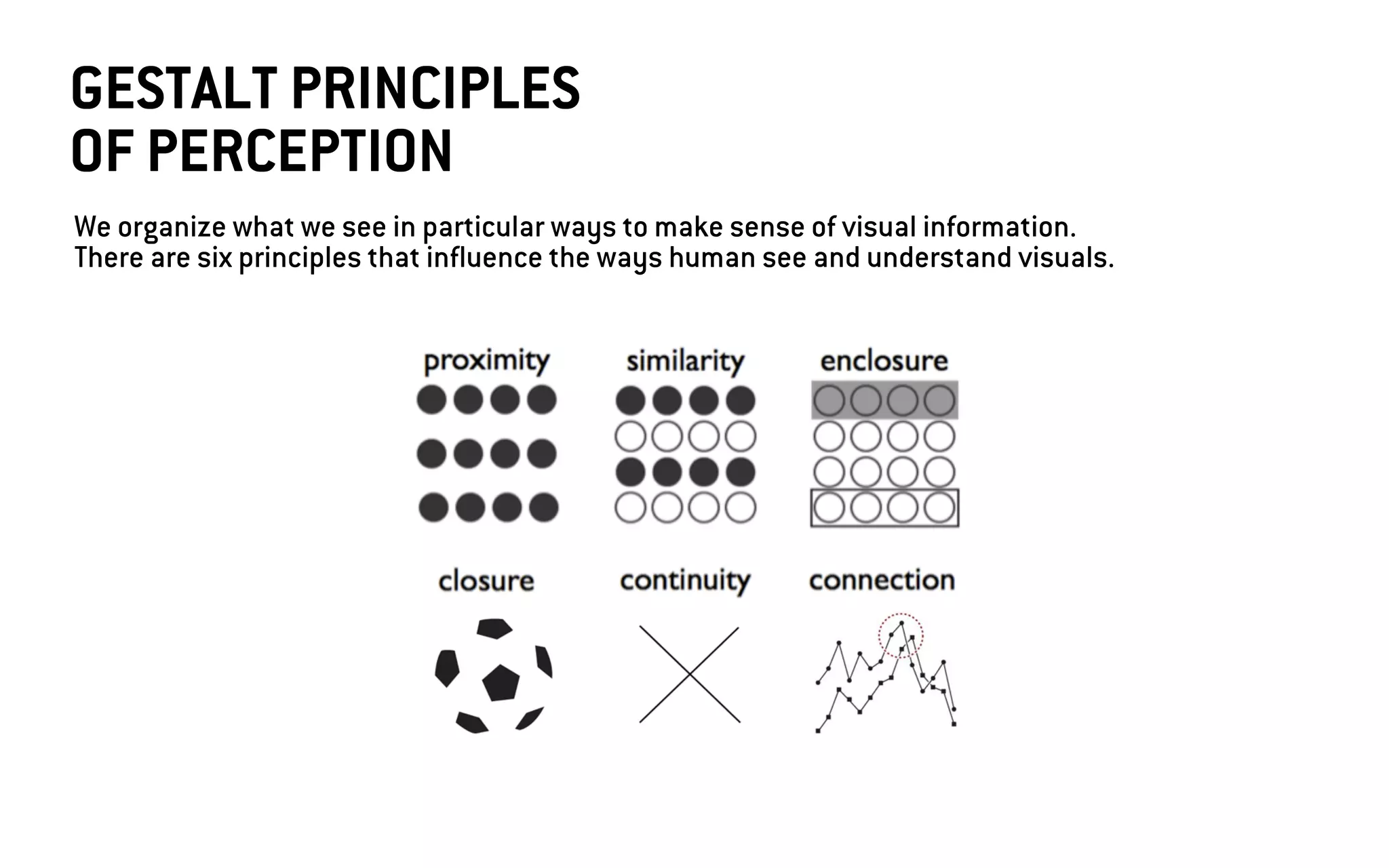 We organize what we see in particular ways to make sense of visual information.
There are six principles that influence the ways human see and understand visuals.
GESTALT PRINCIPLES
OF PERCEPTION
 