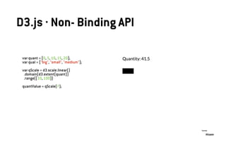 D3.js · Non- Binding API
var quant = [0, 5, 10, 15, 20];
var qual = ["big", "small", "medium"];
var qScale = d3.scale.linear()
.domain(d3.extent(quant))
.range([10, 100])
quantValue = qScale(7);
@Enjalot
Tutorial:
 