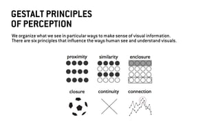 We organize what we see in particular ways to make sense of visual information.
There are six principles that influence the ways human see and understand visuals.
GESTALT PRINCIPLES
OF PERCEPTION
 