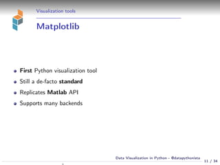 Visualization tools
Matplotlib
First Python visualization tool
Still a de-facto standard
Replicates Matlab API
Supports many backends
11 / 34
Data Visualization in Python - @datapythonista
N
 