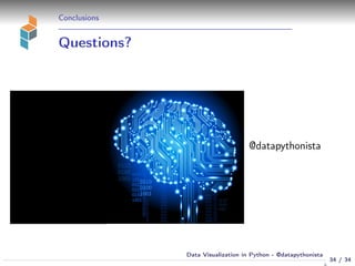 Conclusions
Questions?
@datapythonista
34 / 34
Data Visualization in Python - @datapythonista
N
 