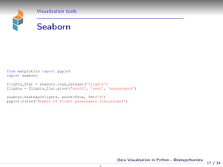 Visualization tools
Seaborn
from matplotlib import pyplot
import seaborn
flights_flat = seaborn.load_dataset(’flights’)
flights = flights_flat.pivot(’month’, ’year’, ’passengers’)
seaborn.heatmap(flights, annot=True, fmt=’d’)
pyplot.title(’Number of flight passengers (thousands)’)
17 / 34
Data Visualization in Python - @datapythonista
 