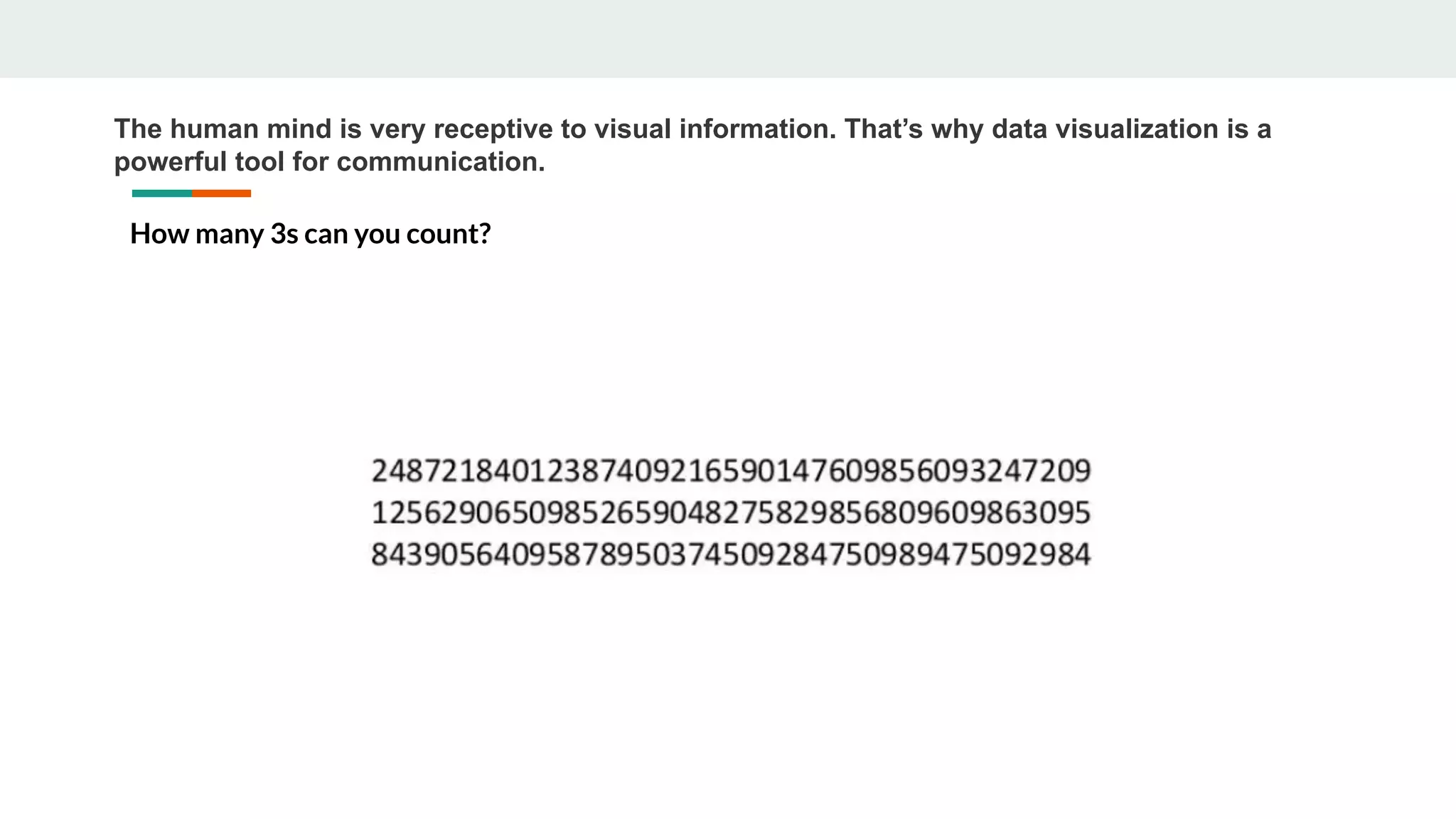The human mind is very receptive to visual information. That’s why data visualization is a
powerful tool for communication.
How many 3s can you count?
 