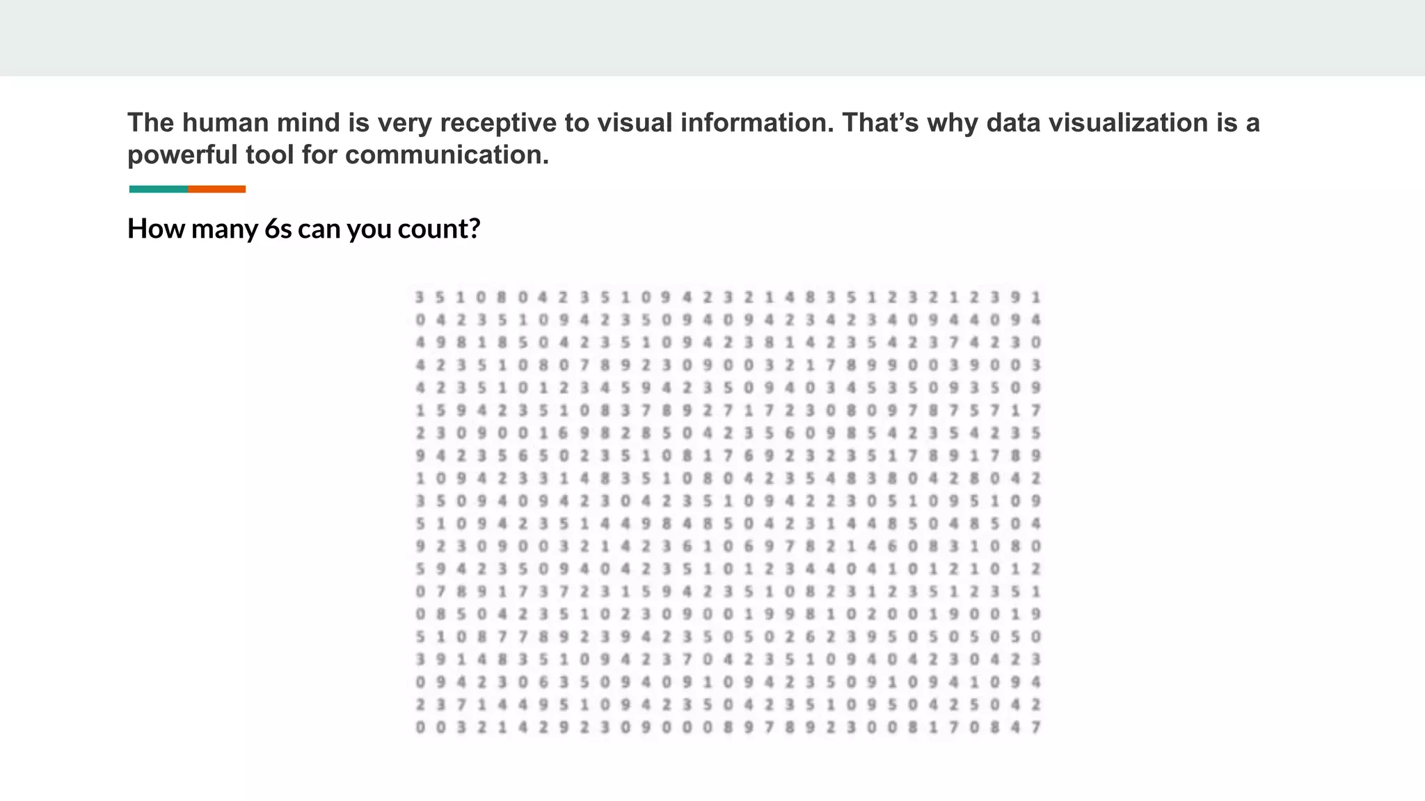The human mind is very receptive to visual information. That’s why data visualization is a
powerful tool for communication.
How many 6s can you count?
 
