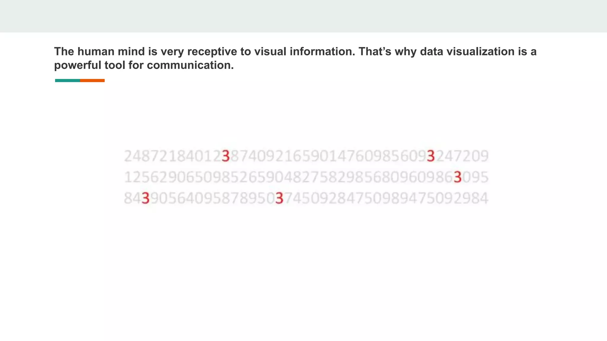 The human mind is very receptive to visual information. That’s why data visualization is a
powerful tool for communication.
 