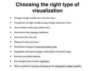 Choosing the right type of
visualization
• Change of single variable over time: line chart.
• Comparison of single variable among multiple classes: bar chart.
• Two variables: scatter plot, bubble chart.
• Hierarchical data: treemap, bubbletree.
• Area charts for area only
• Makeup of whole: pie chart.
• Distribution: histograms, box-and-whisker plots.
• Geographic data (point, polygon, chloropleth and symbol maps).
• Records: searchable database.
• Chronological data: timeline, sparklines.
• Other possibilities: matrices, heatmap, games, slopegraphs, stepper graphics,
 