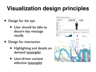 • Design for the eye
• User should be able to
discern key message
visually.
• Design for interaction
• Highlighting and details on
demand (example)
• User-driven content
selection (example)
Visualization design principles
 