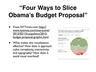 “Four Ways to Slice
Obama’s Budget Proposal”
• From NYTimes.com: http://
www.nytimes.com/interactive/
2012/02/13/us/politics/2013-
budget-proposal-graphic.html
• What makes this visualization
effective? How does it approach
color, complexity, interactivity
and typography? How does it
avoid visual overload?
 