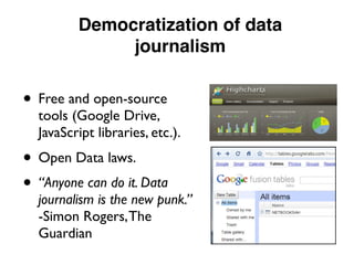 Democratization of data
journalism
• Free and open-source
tools (Google Drive,
JavaScript libraries, etc.).
• Open Data laws.
• “Anyone can do it. Data
journalism is the new punk.”
-Simon Rogers,The
Guardian
 