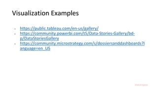 #dataforgood
Visualization Examples
- https://public.tableau.com/en-us/gallery/
- https://community.powerbi.com/t5/Data-Stories-Gallery/bd-
p/DataStoriesGallery
- https://community.microstrategy.com/s/dossiersanddashboards?l
anguage=en_US
 