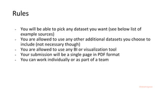 #dataforgood
Rules
- You will be able to pick any dataset you want (see below list of
example sources)
- You are allowed to use any other additional datasets you choose to
include (not necessary though)
- You are allowed to use any BI or visualization tool
- Your submission will be a single page in PDF format
- You can work individually or as part of a team
 