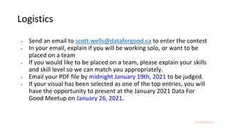 #dataforgood
Logistics
- Send an email to scott.wells@dataforgood.ca to enter the contest
- In your email, explain if you will be working solo, or want to be
placed on a team
- If you would like to be placed on a team, please explain your skills
and skill level so we can match you appropriately.
- Email your PDF file by midnight January 19th, 2021 to be judged.
- If your visual has been selected as one of the top entries, you will
have the opportunity to present at the January 2021 Data For
Good Meetup on January 26, 2021.
 