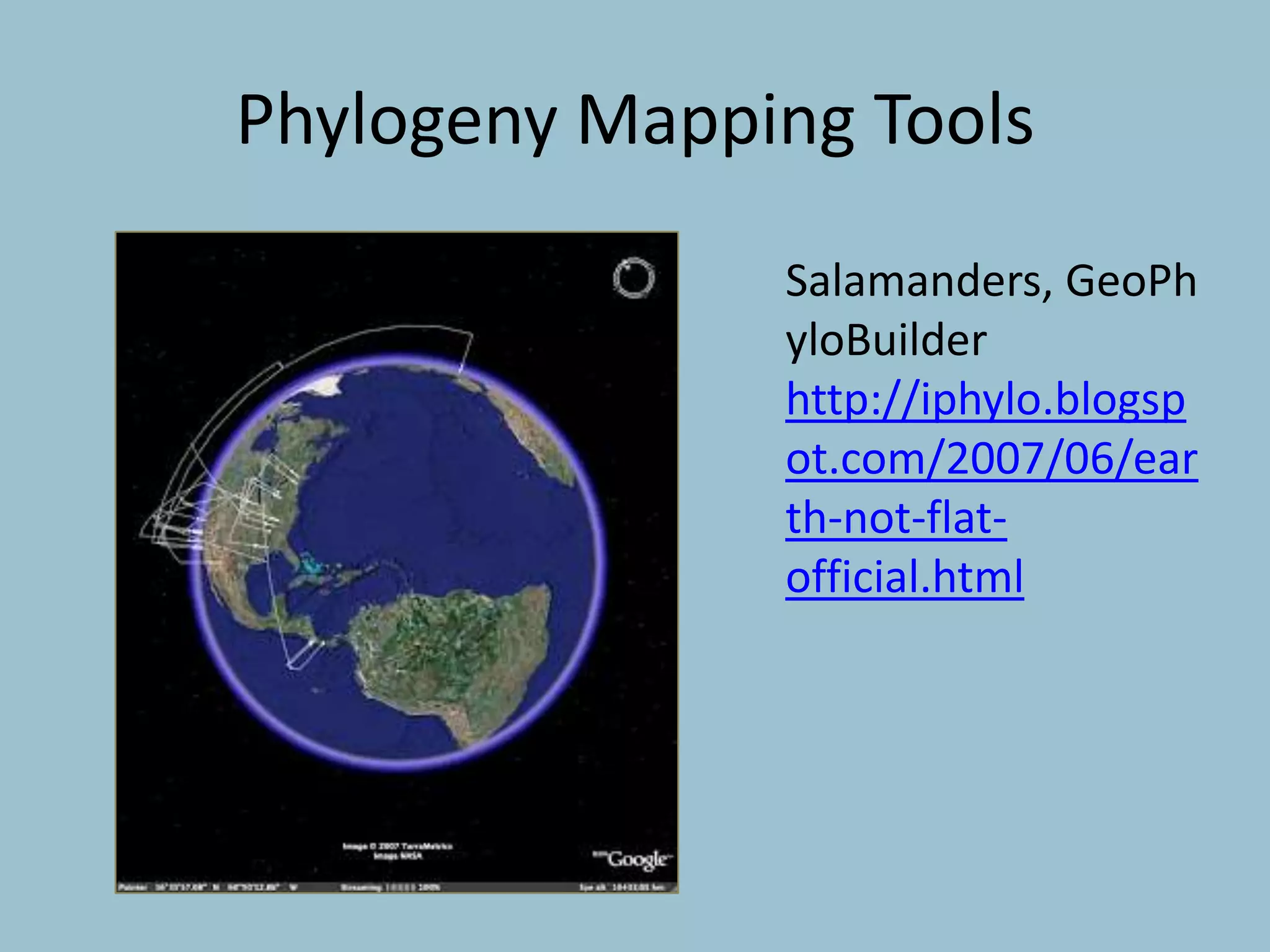 Salamanders, GeoPh
yloBuilder
http://iphylo.blogsp
ot.com/2007/06/ear
th-not-flat-
official.html
Phylogeny Mapping Tools
 