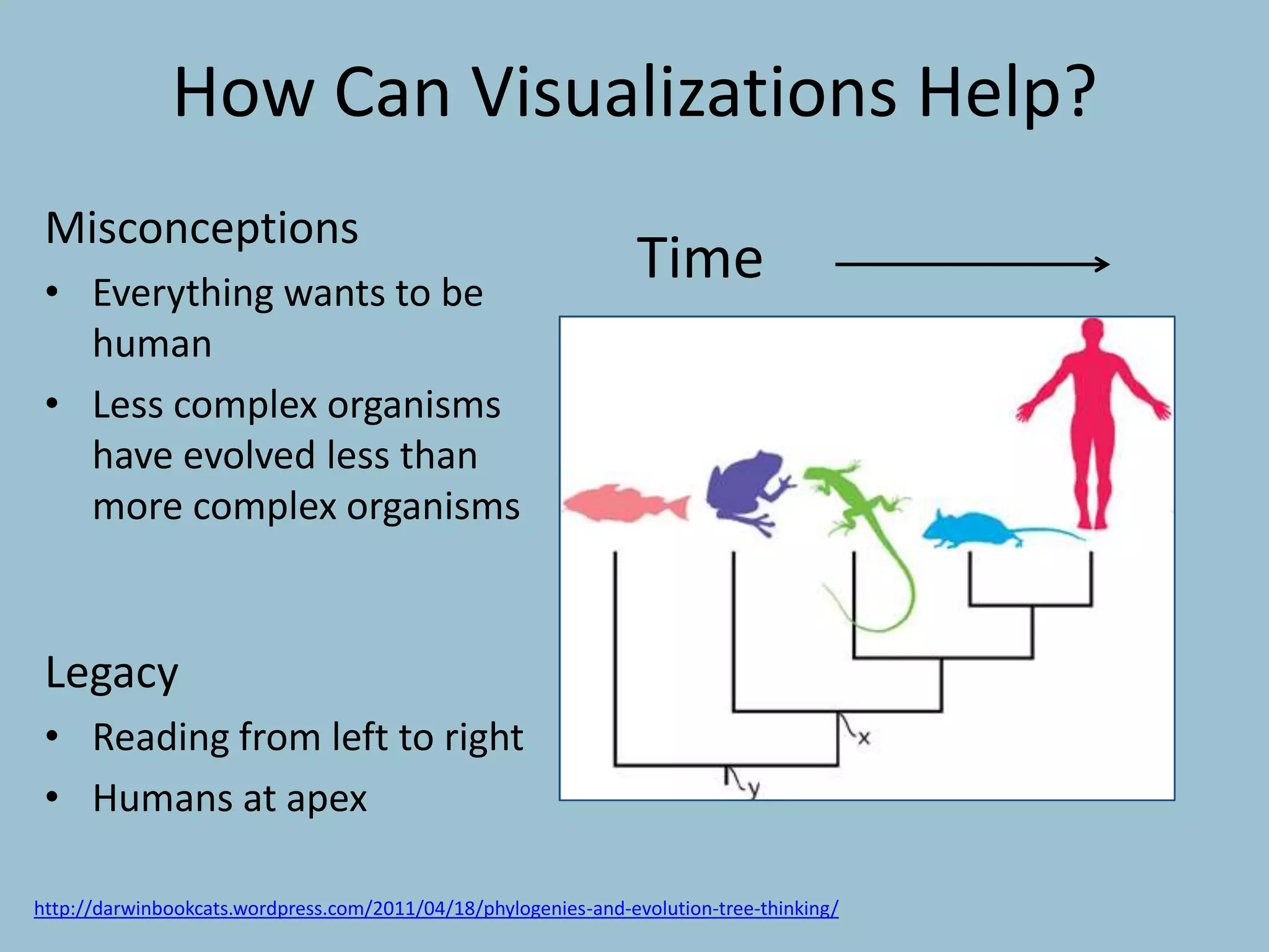 http://darwinbookcats.wordpress.com/2011/04/18/phylogenies-and-evolution-tree-thinking/
How Can Visualizations Help?
Time
Misconceptions
• Everything wants to be
human
• Less complex organisms
have evolved less than
more complex organisms
Legacy
• Reading from left to right
• Humans at apex
 