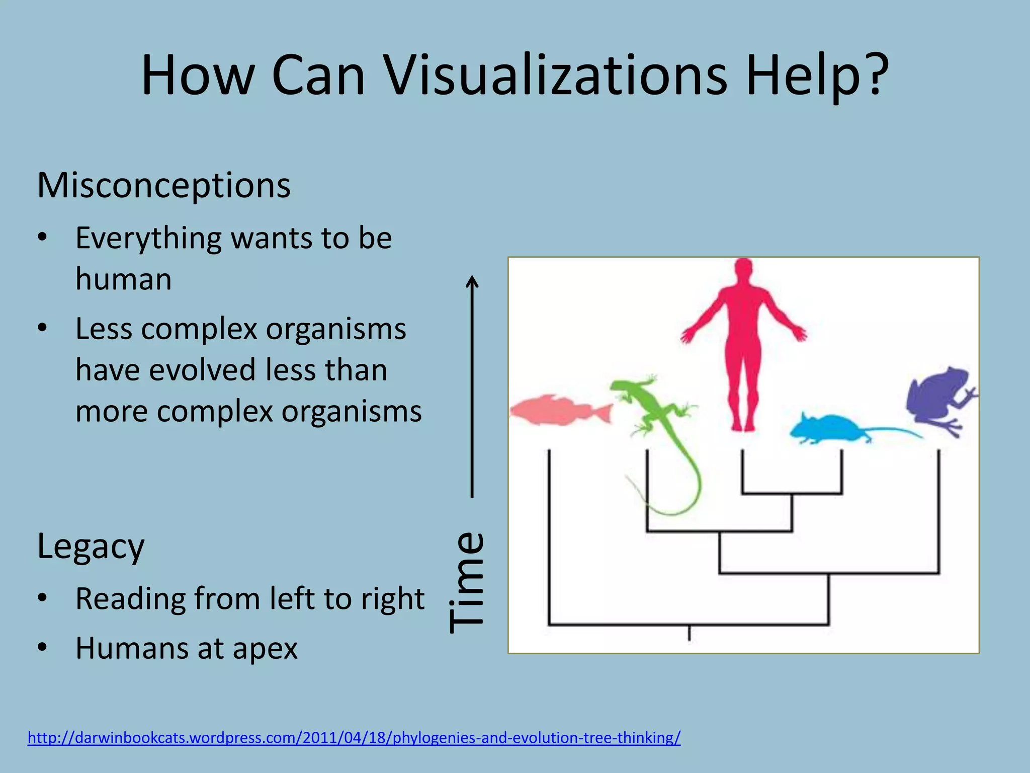 http://darwinbookcats.wordpress.com/2011/04/18/phylogenies-and-evolution-tree-thinking/
How Can Visualizations Help?
Time
Misconceptions
• Everything wants to be
human
• Less complex organisms
have evolved less than
more complex organisms
Legacy
• Reading from left to right
• Humans at apex
 