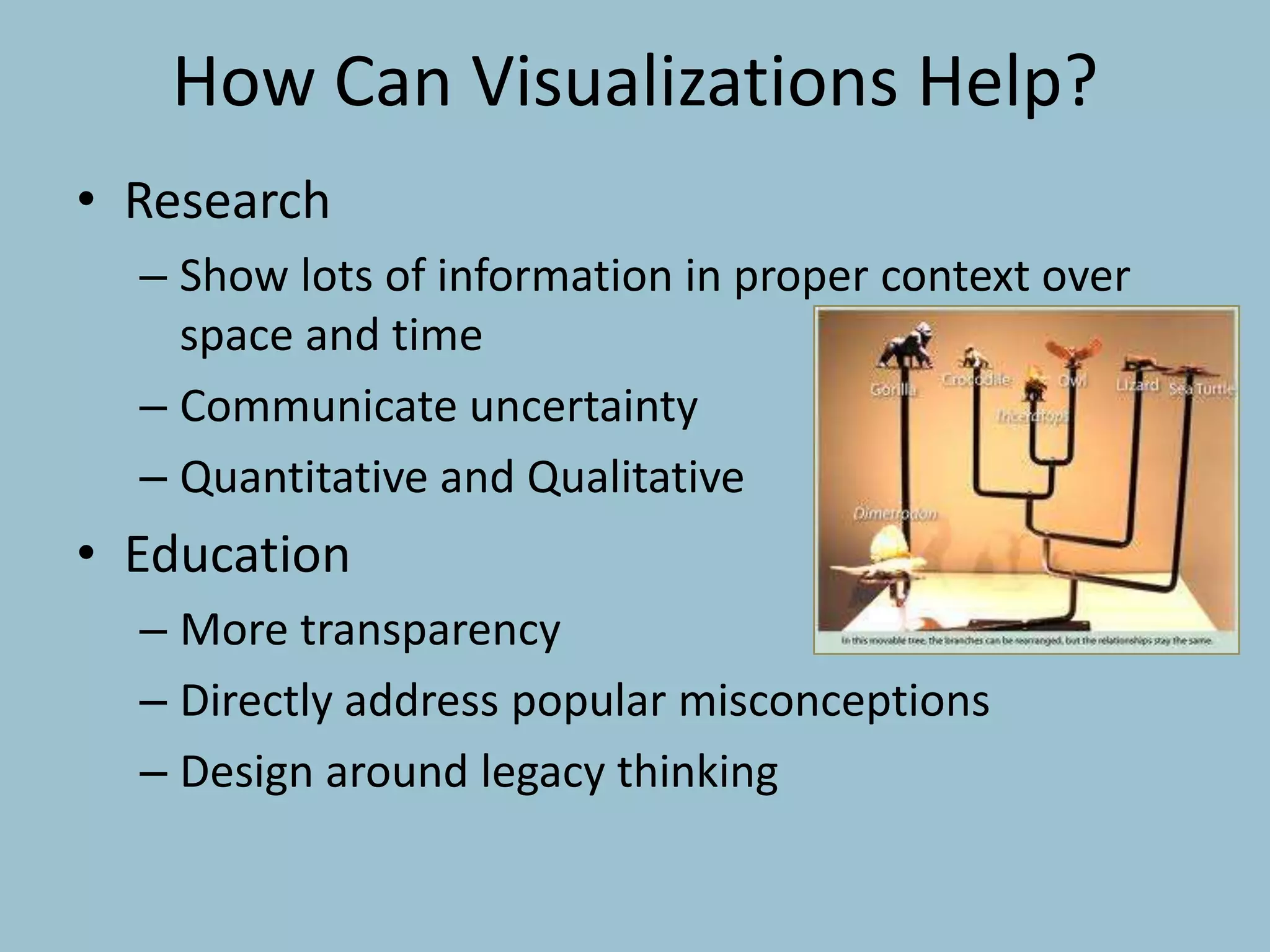 How Can Visualizations Help?
• Research
– Show lots of information in proper context over
space and time
– Communicate uncertainty
– Quantitative and Qualitative
• Education
– More transparency
– Directly address popular misconceptions
– Design around legacy thinking
 
