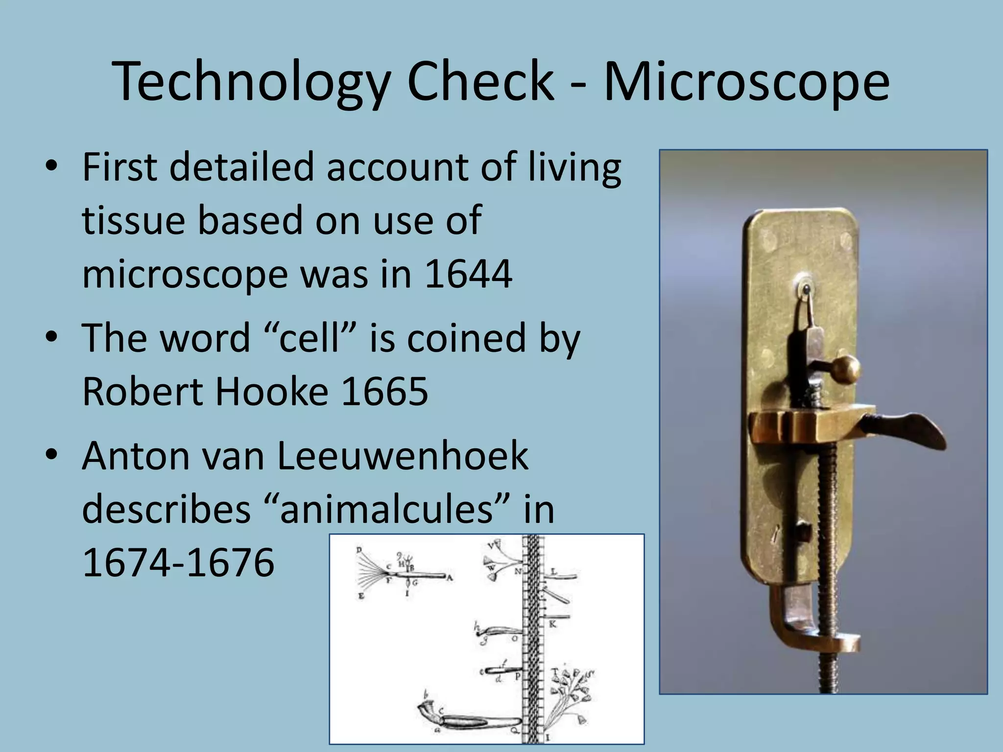 Technology Check - Microscope
• First detailed account of living
tissue based on use of
microscope was in 1644
• The word “cell” is coined by
Robert Hooke 1665
• Anton van Leeuwenhoek
describes “animalcules” in
1674-1676
 