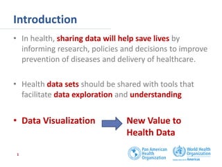 Introduction
• In health, sharing data will help save lives by
informing research, policies and decisions to improve
prevention of diseases and delivery of healthcare.
• Health data sets should be shared with tools that
facilitate data exploration and understanding
• Data Visualization New Value to
Health Data
1
 