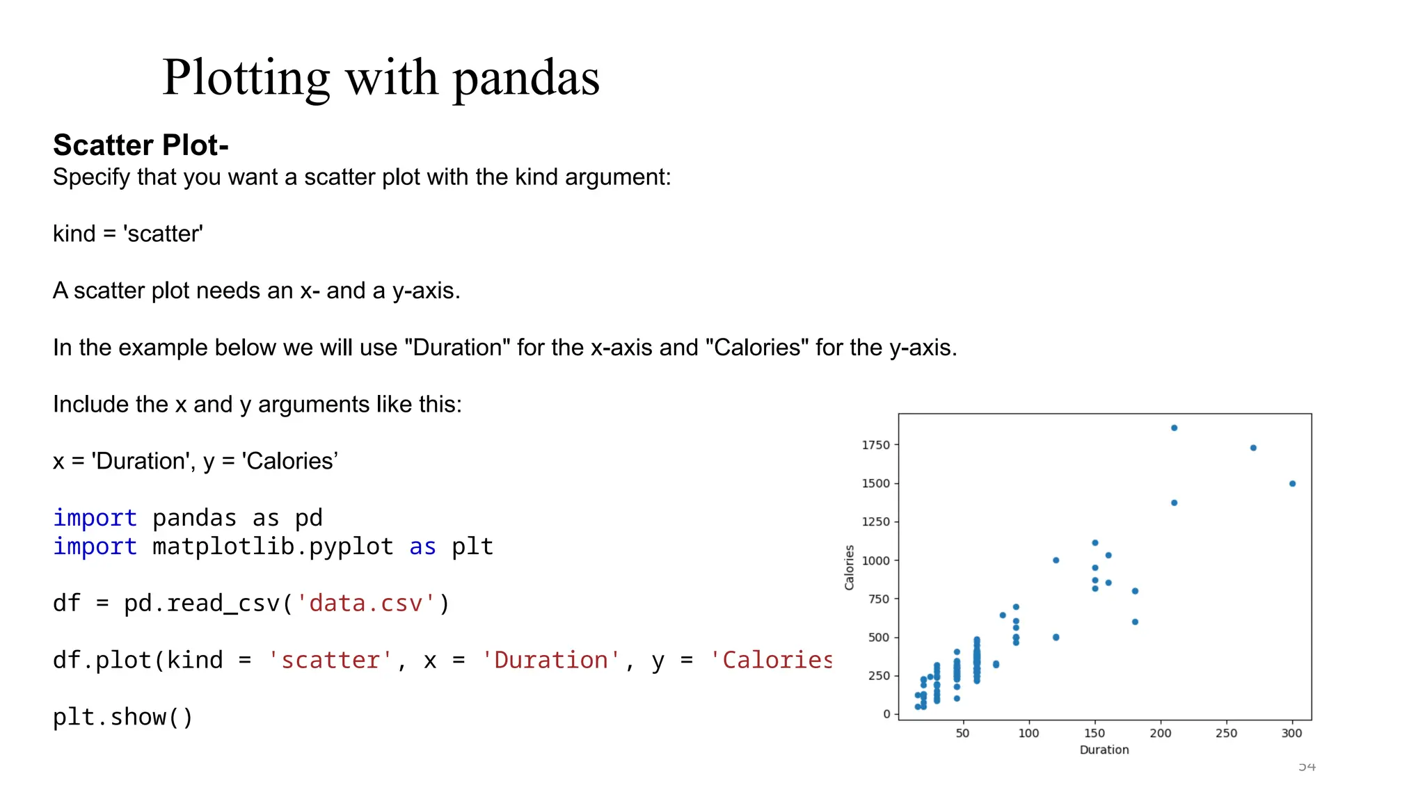 54
Plotting with pandas
Scatter Plot-
Specify that you want a scatter plot with the kind argument:
kind = 'scatter'
A scatter plot needs an x- and a y-axis.
In the example below we will use "Duration" for the x-axis and "Calories" for the y-axis.
Include the x and y arguments like this:
x = 'Duration', y = 'Calories’
import pandas as pd
import matplotlib.pyplot as plt
df = pd.read_csv('data.csv')
df.plot(kind = 'scatter', x = 'Duration', y = 'Calories')
plt.show()
 