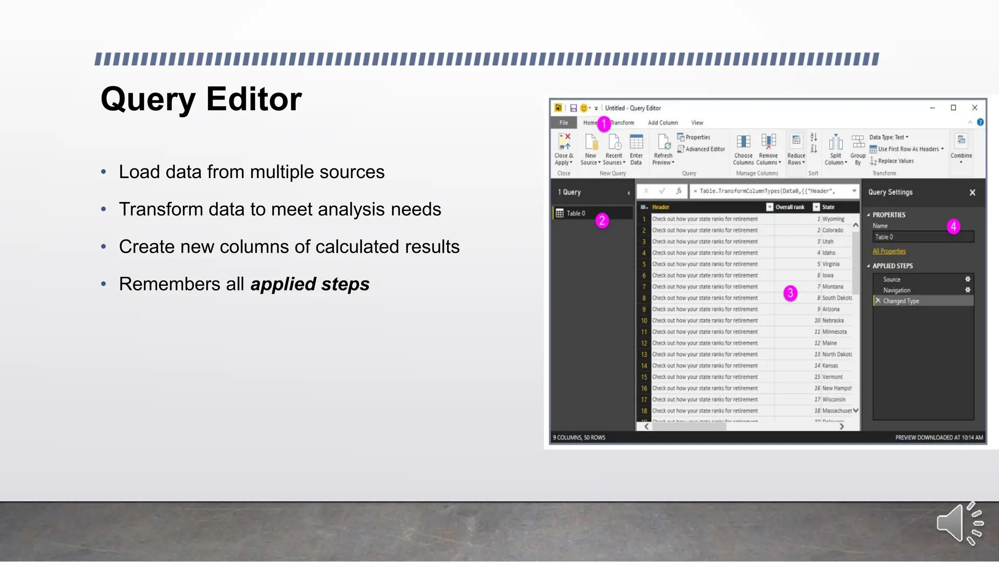 Query Editor
• Load data from multiple sources
• Transform data to meet analysis needs
• Create new columns of calculated results
• Remembers all applied steps
 