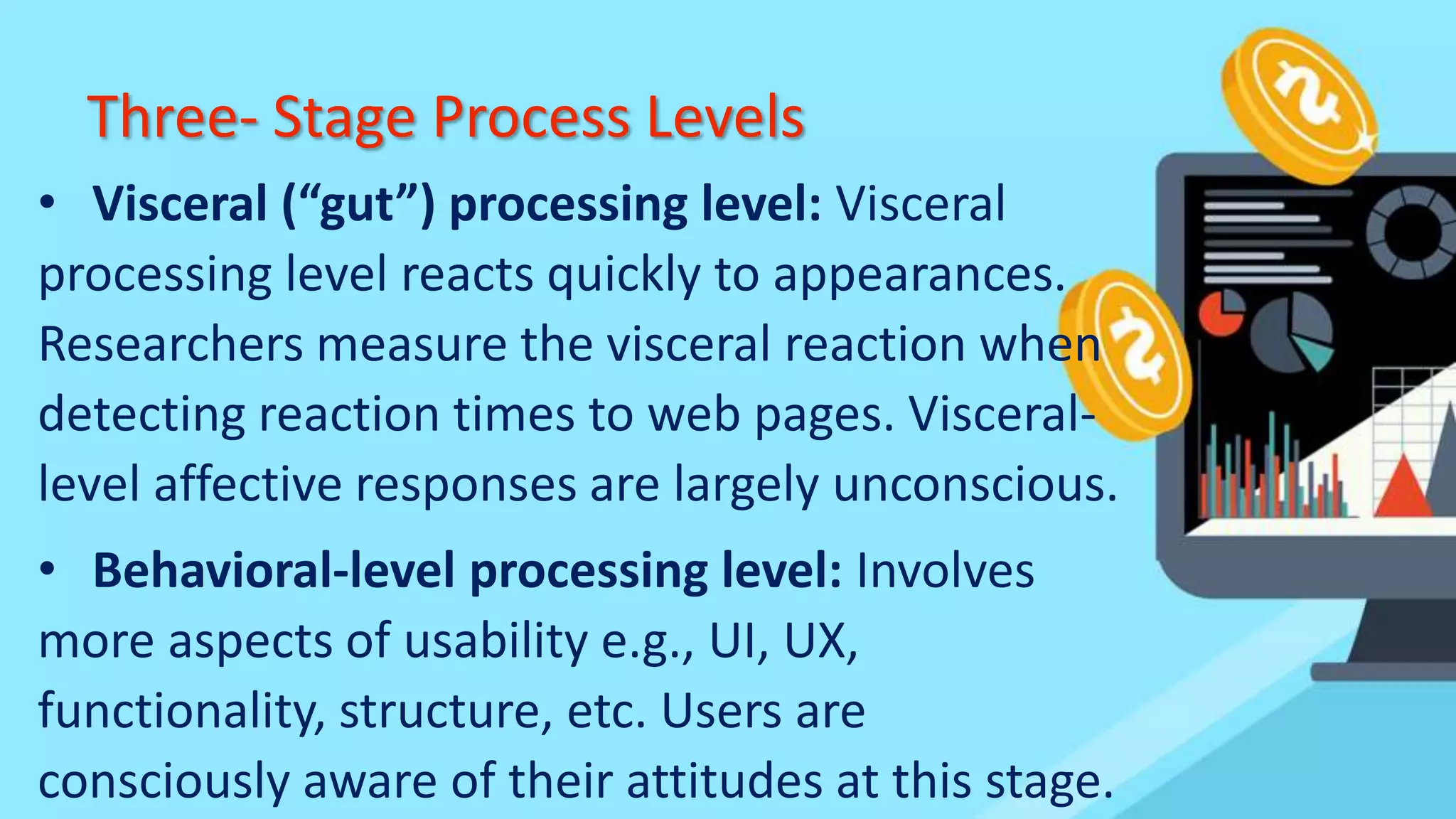 Three- Stage Process Levels
• Visceral (“gut”) processing level: Visceral
processing level reacts quickly to appearances.
Researchers measure the visceral reaction when
detecting reaction times to web pages. Visceral-
level affective responses are largely unconscious.
• Behavioral-level processing level: Involves
more aspects of usability e.g., UI, UX,
functionality, structure, etc. Users are
consciously aware of their attitudes at this stage.
 