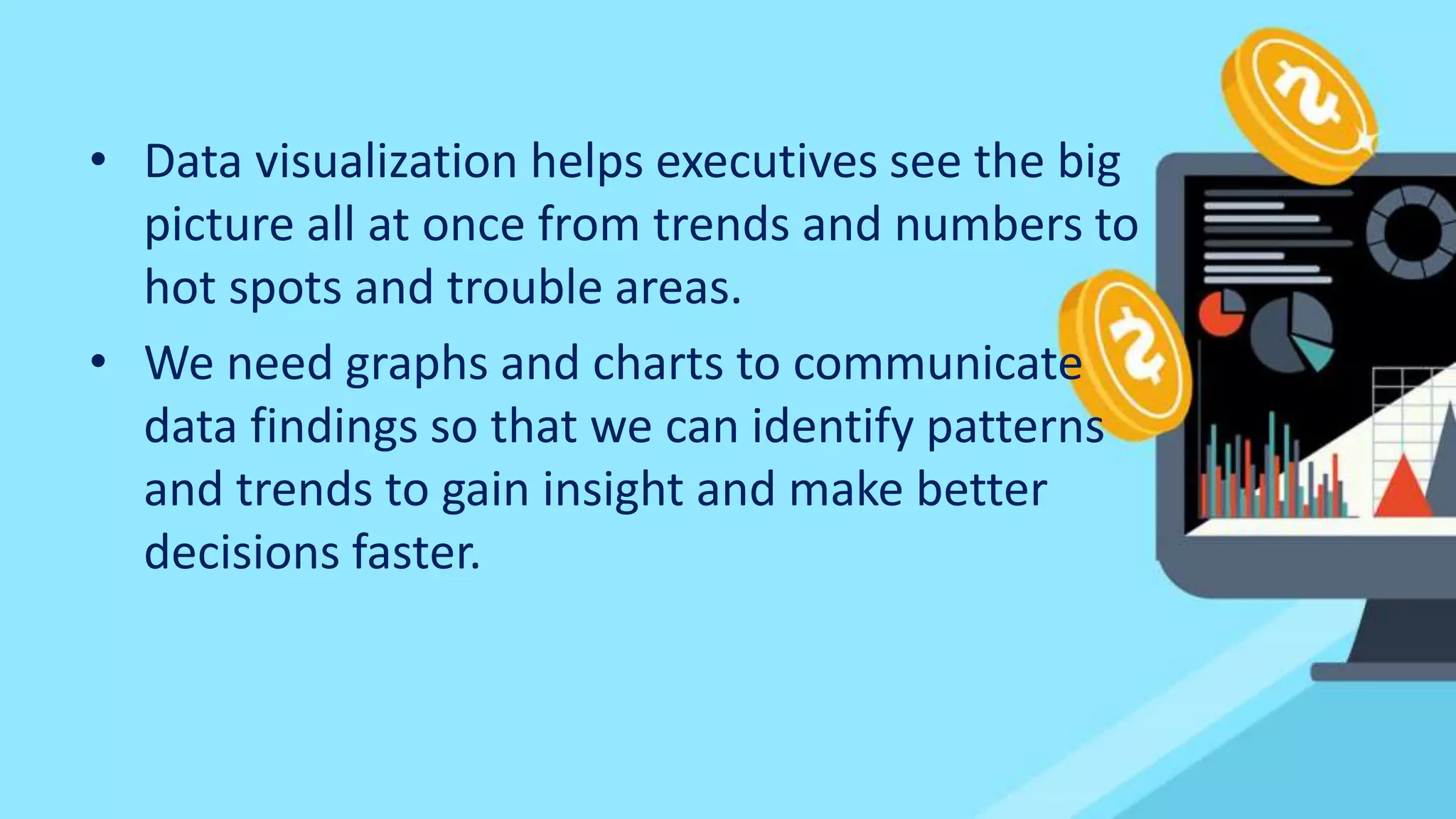 • Data visualization helps executives see the big
picture all at once from trends and numbers to
hot spots and trouble areas.
• We need graphs and charts to communicate
data findings so that we can identify patterns
and trends to gain insight and make better
decisions faster.
 