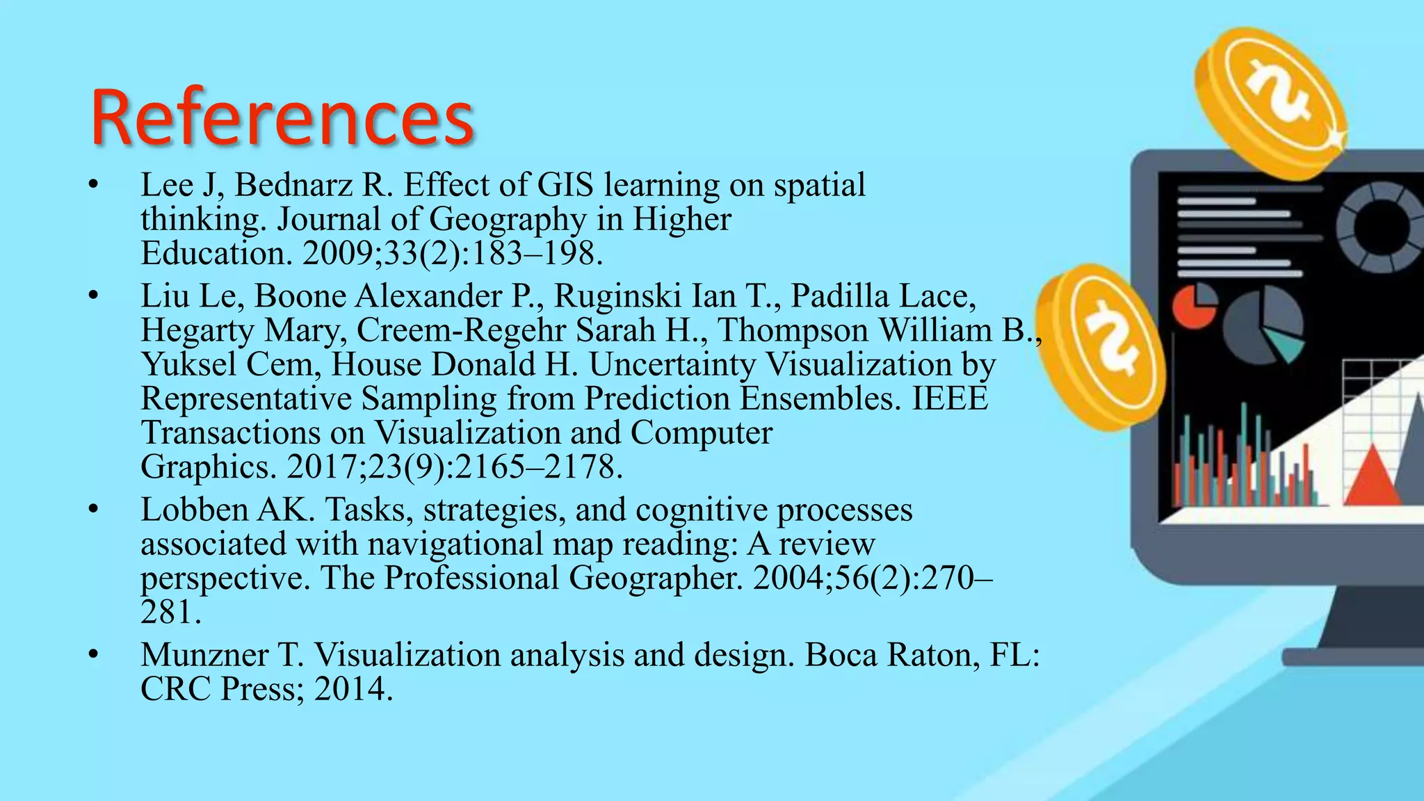 References
• Lee J, Bednarz R. Effect of GIS learning on spatial
thinking. Journal of Geography in Higher
Education. 2009;33(2):183–198.
• Liu Le, Boone Alexander P., Ruginski Ian T., Padilla Lace,
Hegarty Mary, Creem-Regehr Sarah H., Thompson William B.,
Yuksel Cem, House Donald H. Uncertainty Visualization by
Representative Sampling from Prediction Ensembles. IEEE
Transactions on Visualization and Computer
Graphics. 2017;23(9):2165–2178.
• Lobben AK. Tasks, strategies, and cognitive processes
associated with navigational map reading: A review
perspective. The Professional Geographer. 2004;56(2):270–
281.
• Munzner T. Visualization analysis and design. Boca Raton, FL:
CRC Press; 2014.
 