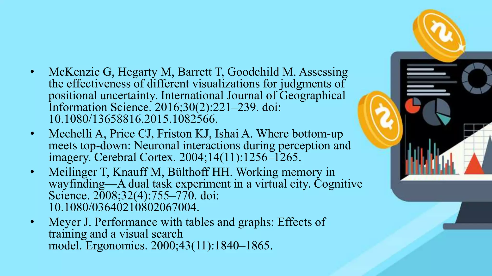 • McKenzie G, Hegarty M, Barrett T, Goodchild M. Assessing
the effectiveness of different visualizations for judgments of
positional uncertainty. International Journal of Geographical
Information Science. 2016;30(2):221–239. doi:
10.1080/13658816.2015.1082566.
• Mechelli A, Price CJ, Friston KJ, Ishai A. Where bottom-up
meets top-down: Neuronal interactions during perception and
imagery. Cerebral Cortex. 2004;14(11):1256–1265.
• Meilinger T, Knauff M, Bülthoff HH. Working memory in
wayfinding—A dual task experiment in a virtual city. Cognitive
Science. 2008;32(4):755–770. doi:
10.1080/03640210802067004.
• Meyer J. Performance with tables and graphs: Effects of
training and a visual search
model. Ergonomics. 2000;43(11):1840–1865.
 