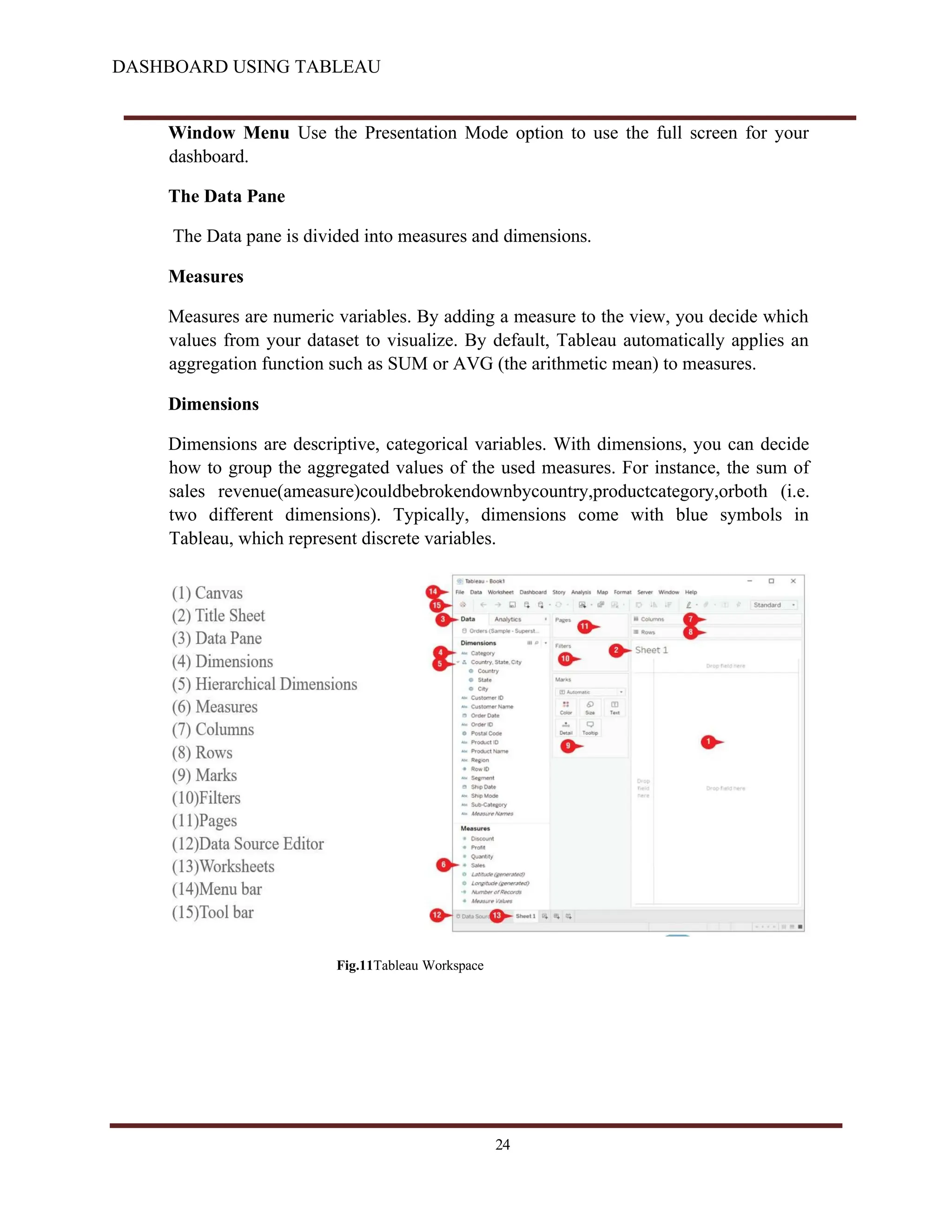 DASHBOARD USING TABLEAU
Window Menu Use the Presentation Mode option to use the full screen for your
dashboard.
The Data Pane
The Data pane is divided into measures and dimensions.
Measures
Measures are numeric variables. By adding a measure to the view, you decide which
values from your dataset to visualize. By default, Tableau automatically applies an
aggregation function such as SUM or AVG (the arithmetic mean) to measures.
Dimensions
Dimensions are descriptive, categorical variables. With dimensions, you can decide
how to group the aggregated values of the used measures. For instance, the sum of
sales revenue(ameasure)couldbebrokendownbycountry,productcategory,orboth (i.e.
two different dimensions). Typically, dimensions come with blue symbols in
Tableau, which represent discrete variables.
Fig.11Tableau Workspace
24
 