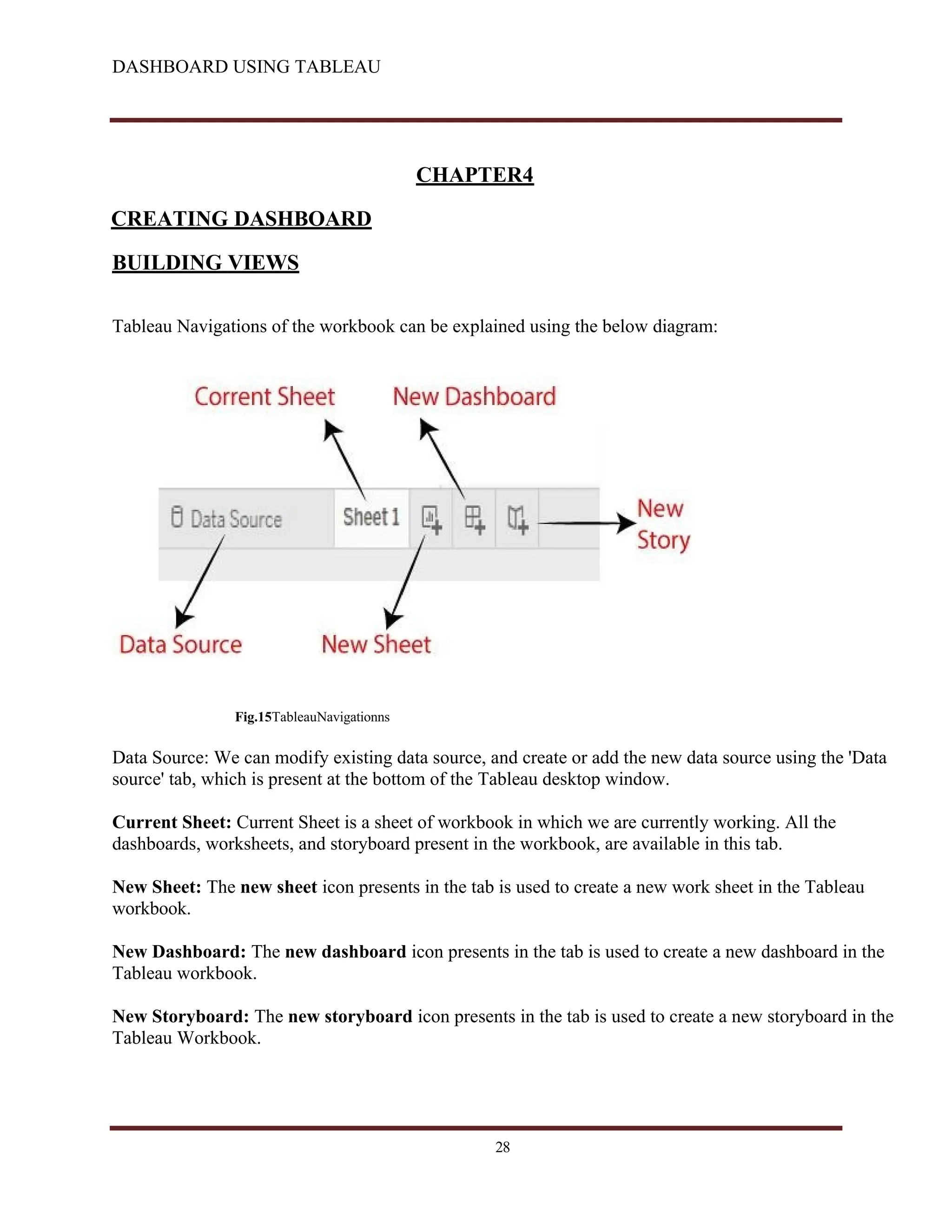 DASHBOARD USING TABLEAU
CHAPTER4
CREATING DASHBOARD
BUILDING VIEWS
Tableau Navigations of the workbook can be explained using the below diagram:
Fig.15TableauNavigationns
Data Source: We can modify existing data source, and create or add the new data source using the 'Data
source' tab, which is present at the bottom of the Tableau desktop window.
Current Sheet: Current Sheet is a sheet of workbook in which we are currently working. All the
dashboards, worksheets, and storyboard present in the workbook, are available in this tab.
New Sheet: The new sheet icon presents in the tab is used to create a new work sheet in the Tableau
workbook.
New Dashboard: The new dashboard icon presents in the tab is used to create a new dashboard in the
Tableau workbook.
New Storyboard: The new storyboard icon presents in the tab is used to create a new storyboard in the
Tableau Workbook.
28
 