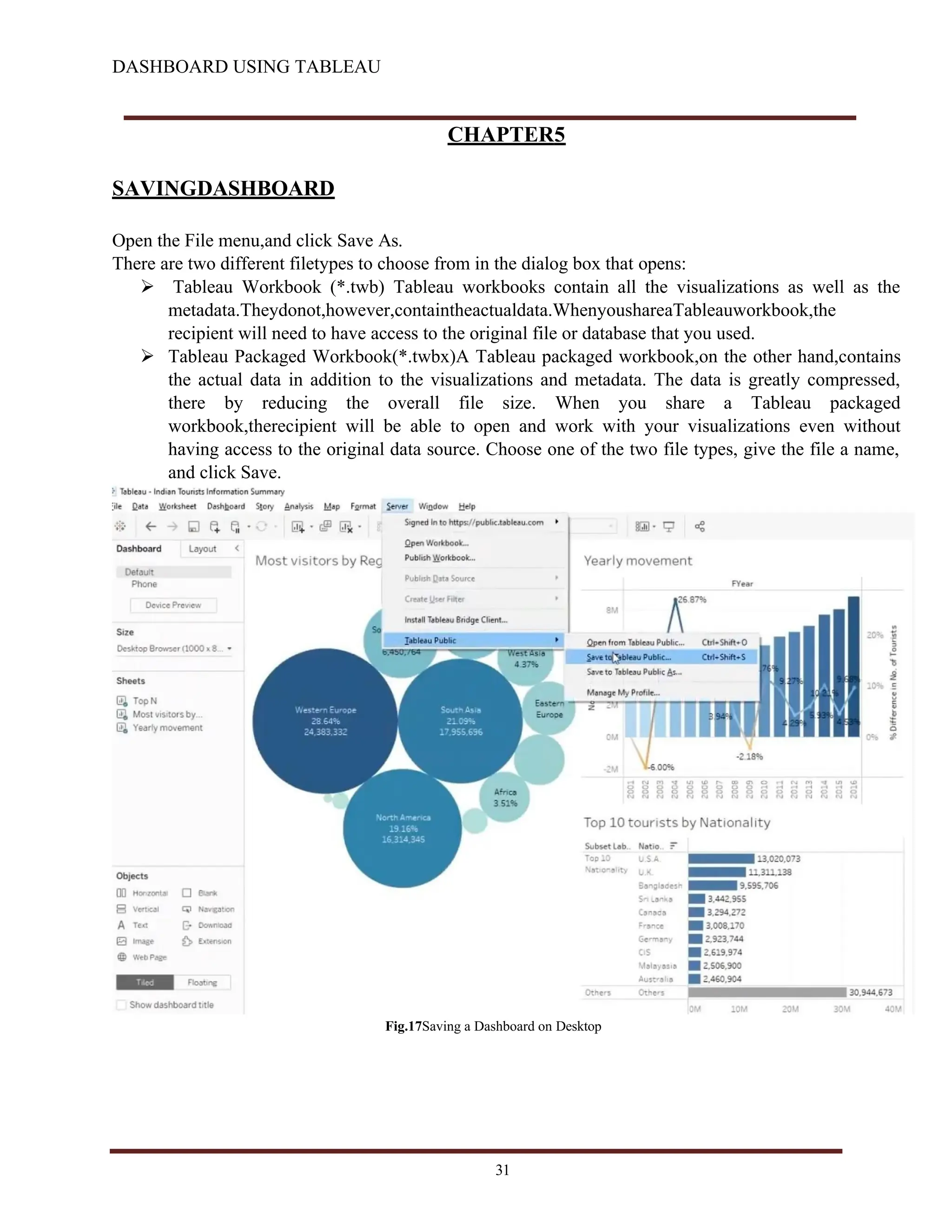 DASHBOARD USING TABLEAU
CHAPTER5
SAVINGDASHBOARD
Open the File menu,and click Save As.
There are two different filetypes to choose from in the dialog box that opens:
 Tableau Workbook (*.twb) Tableau workbooks contain all the visualizations as well as the
metadata.Theydonot,however,containtheactualdata.WhenyoushareaTableauworkbook,the
recipient will need to have access to the original file or database that you used.
 Tableau Packaged Workbook(*.twbx)A Tableau packaged workbook,on the other hand,contains
the actual data in addition to the visualizations and metadata. The data is greatly compressed,
there by reducing the overall file size. When you share a Tableau packaged
workbook,therecipient will be able to open and work with your visualizations even without
having access to the original data source. Choose one of the two file types, give the file a name,
and click Save.
Fig.17Saving a Dashboard on Desktop
31
 