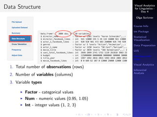 Visual Analytics
for Linguistics -
Day 4
Olga Scrivner
Course Info
tm Package
Statistical
Visualization
Data Preparation
LVS
Working with
Data
Visual Analytics
Inferential
Analysis
Data Structure
1. Total number of observations (rows)
2. Number of variables (columns)
3. Variable types
Factor - categorical values
Num - numeric values (0.95, 1.05)
Int - integer values (1, 2, 3)
 