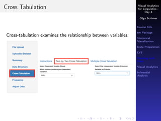 Visual Analytics
for Linguistics -
Day 4
Olga Scrivner
Course Info
tm Package
Statistical
Visualization
Data Preparation
LVS
Working with
Data
Visual Analytics
Inferential
Analysis
Cross Tabulation
Cross-tabulation examines the relationship between variables.
 