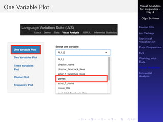 Visual Analytics
for Linguistics -
Day 4
Olga Scrivner
Course Info
tm Package
Statistical
Visualization
Data Preparation
LVS
Working with
Data
Visual Analytics
Inferential
Analysis
One Variable Plot
 