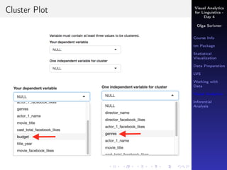 Visual Analytics
for Linguistics -
Day 4
Olga Scrivner
Course Info
tm Package
Statistical
Visualization
Data Preparation
LVS
Working with
Data
Visual Analytics
Inferential
Analysis
Cluster Plot
 