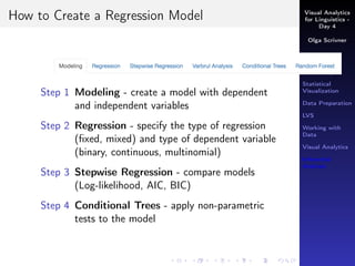 Visual Analytics
for Linguistics -
Day 4
Olga Scrivner
Course Info
tm Package
Statistical
Visualization
Data Preparation
LVS
Working with
Data
Visual Analytics
Inferential
Analysis
How to Create a Regression Model
Step 1 Modeling - create a model with dependent
and independent variables
Step 2 Regression - specify the type of regression
(ﬁxed, mixed) and type of dependent variable
(binary, continuous, multinomial)
Step 3 Stepwise Regression - compare models
(Log-likelihood, AIC, BIC)
Step 4 Conditional Trees - apply non-parametric
tests to the model
 