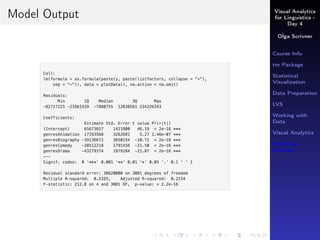 Visual Analytics
for Linguistics -
Day 4
Olga Scrivner
Course Info
tm Package
Statistical
Visualization
Data Preparation
LVS
Working with
Data
Visual Analytics
Inferential
Analysis
Model Output
 