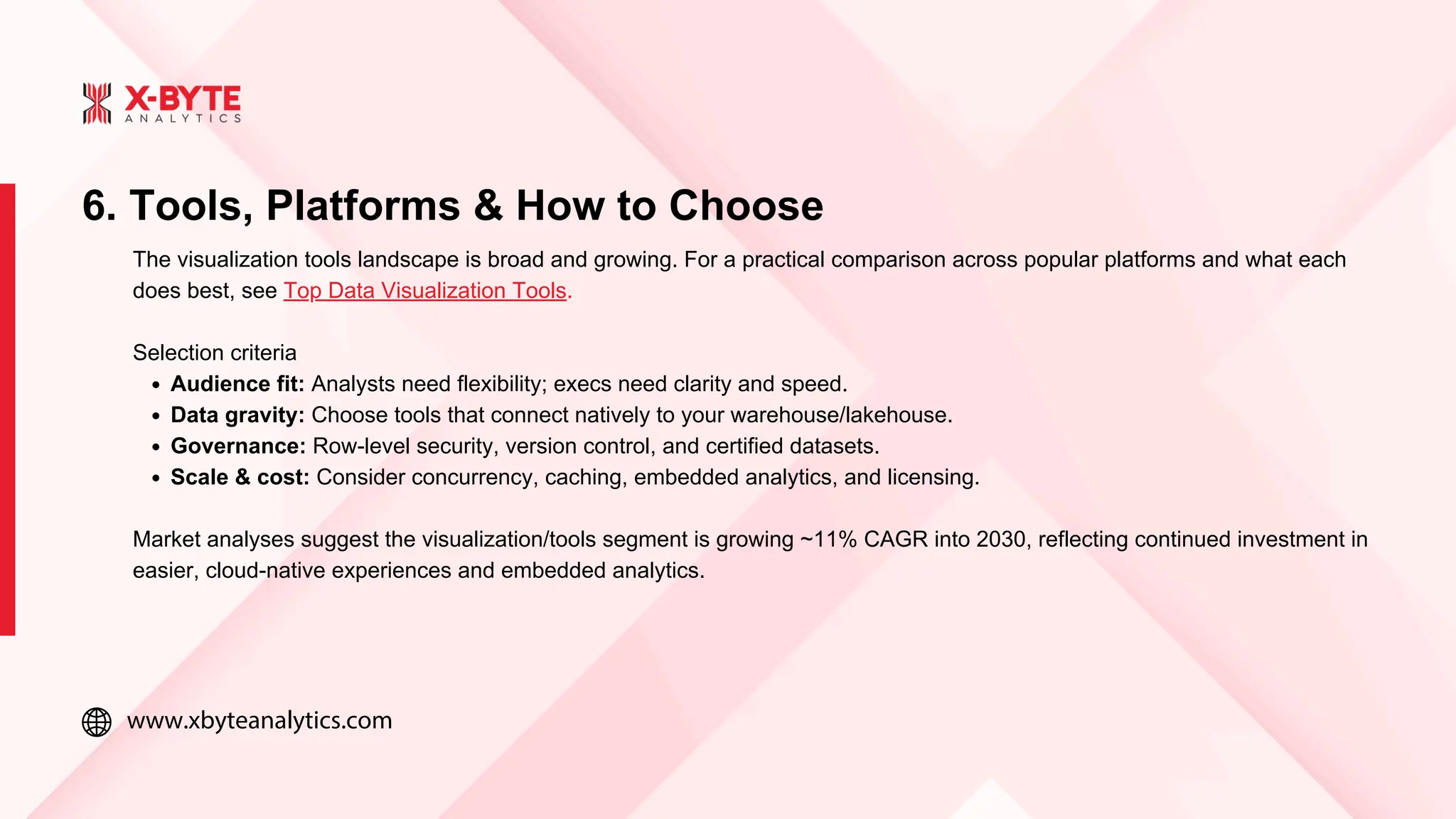 www.xbyteanalytics.com
6. Tools, Platforms & How to Choose
The visualization tools landscape is broad and growing. For a practical comparison across popular platforms and what each
does best, see Top Data Visualization Tools.
Selection criteria
Audience fit: Analysts need flexibility; execs need clarity and speed.
Data gravity: Choose tools that connect natively to your warehouse/lakehouse.
Governance: Row-level security, version control, and certified datasets.
Scale & cost: Consider concurrency, caching, embedded analytics, and licensing.
Market analyses suggest the visualization/tools segment is growing ~11% CAGR into 2030, reflecting continued investment in
easier, cloud-native experiences and embedded analytics.
 