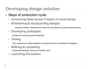Developing design solution
 Steps of production cycle:
 Conceiving ideas across 5 layers of visual design
 Wireframing & storyboarding designs
Create low fidelity illustration and weave the illustrations to create sequenced view
 Developing prototypes
Develop first working version/ blueprints
 Testing
Test ,evaluate and collect feedback on trustworthiness, accessibility and elegancy.
 Refining & completing
Incorporate feedback, correct and double check.
 Launching the solution
 