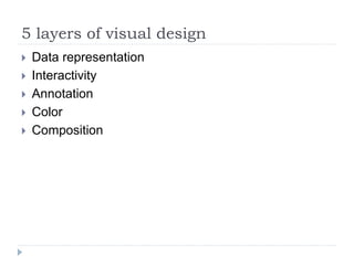 5 layers of visual design
 Data representation
 Interactivity
 Annotation
 Color
 Composition
 