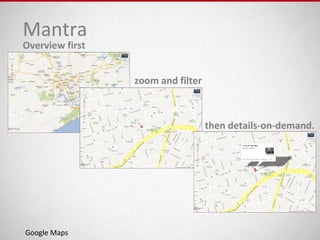 Mantra
Overview first
zoom and filter
then details-on-demand.
Google Maps
 